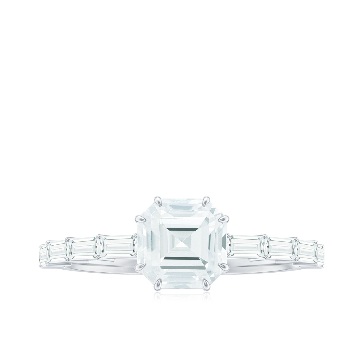 Asscher cut moissanite engagement ring by Rosec Jewels featuring baguette side stones and a silver band.