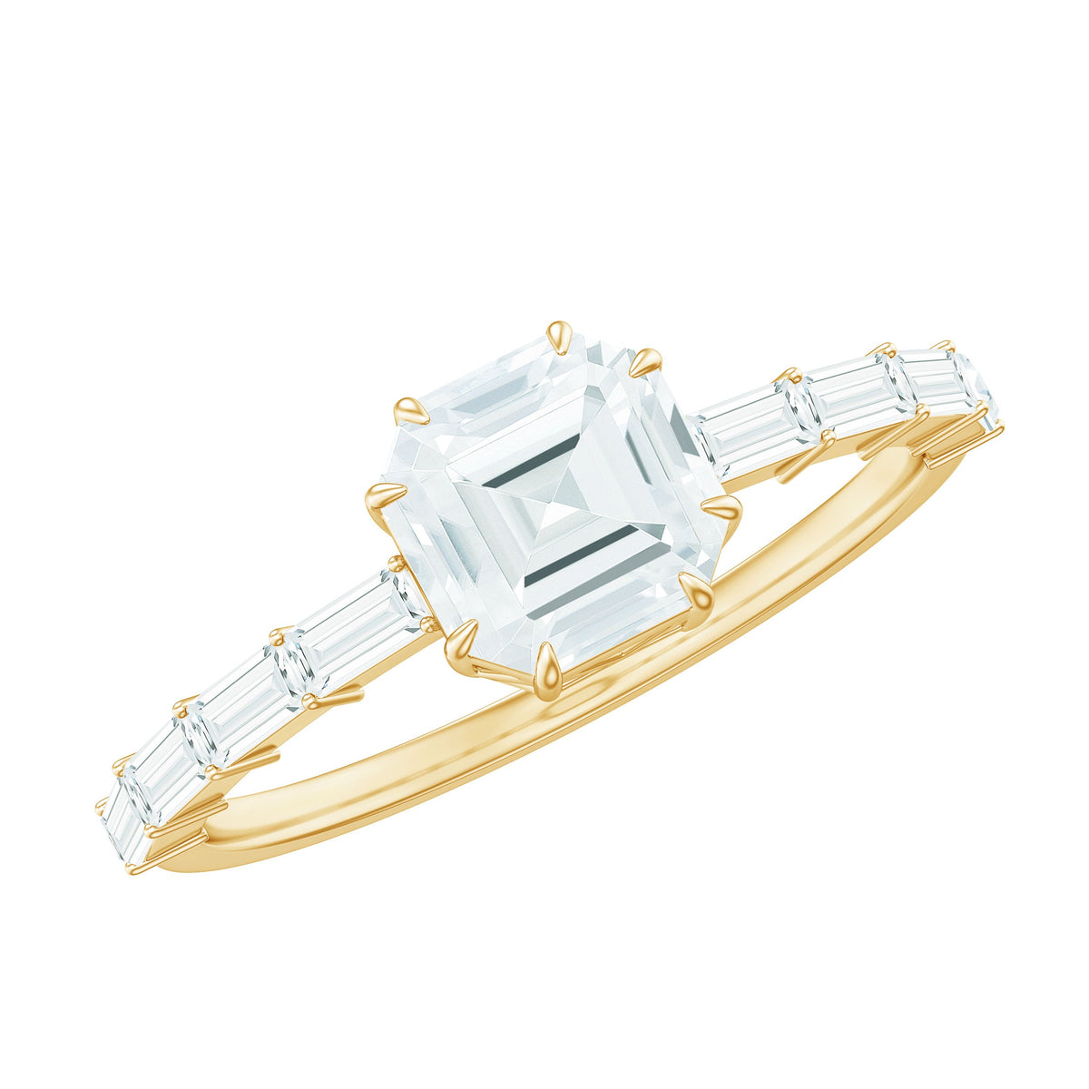Asscher cut moissanite engagement ring with baguette side stones, featuring a platinum band and intricate setting from Rosec Jewels.