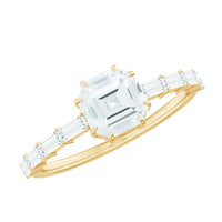 Asscher cut moissanite engagement ring with baguette side stones, featuring a platinum band and intricate setting from Rosec Jewels.