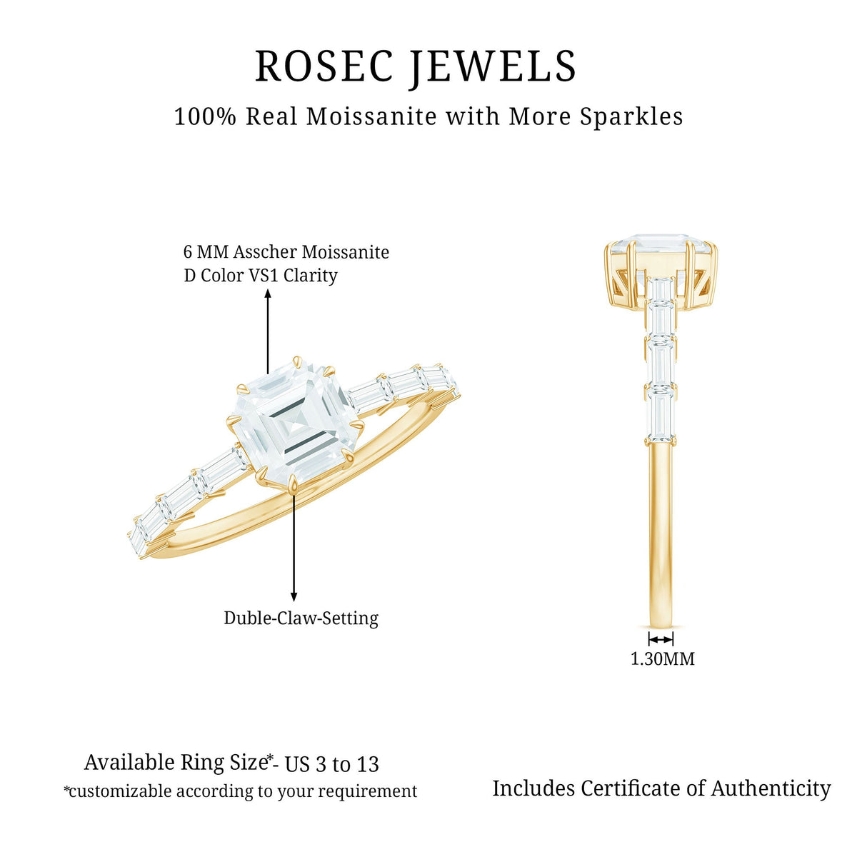Asscher cut moissanite engagement ring by Rosec Jewels with baguette side stones, featuring a sparkling central gemstone and elegant band.