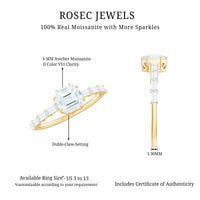 Asscher cut moissanite engagement ring by Rosec Jewels with baguette side stones, featuring a sparkling central gemstone and elegant band.
