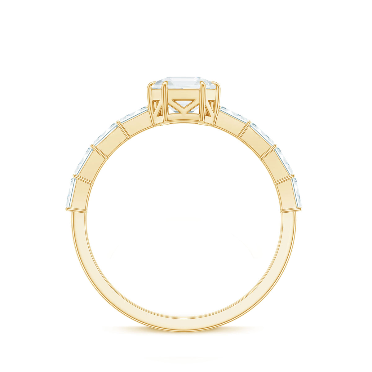 Asscher cut moissanite engagement ring with baguette side stones from Rosec Jewels, showcasing a sparkling center stone and elegant design.