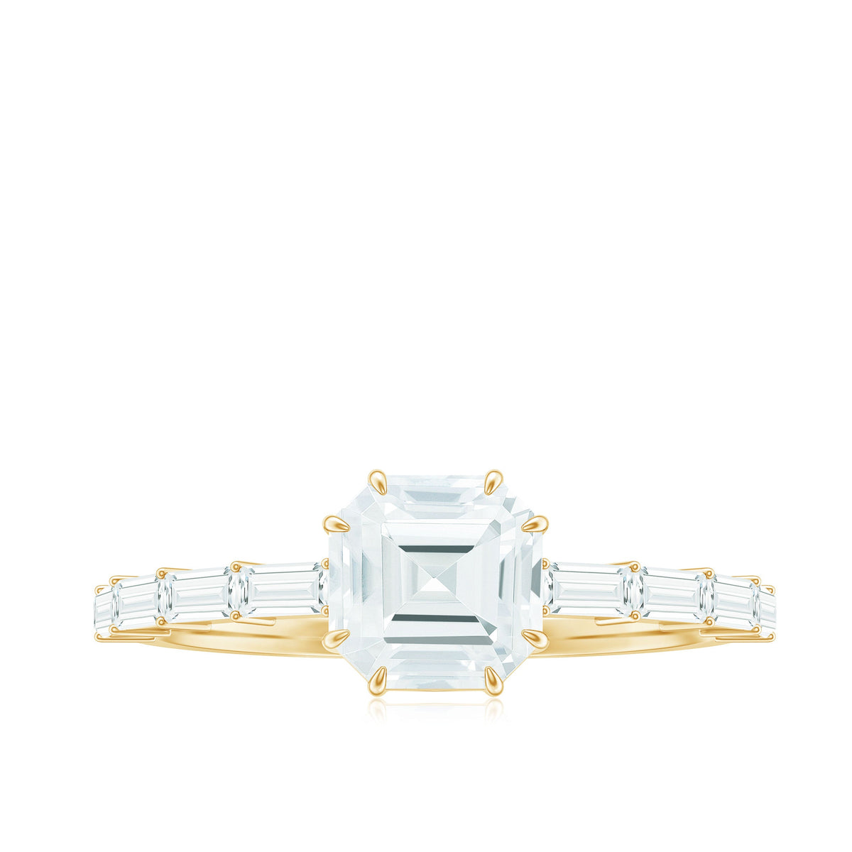 Asscher cut Moissanite engagement ring by Rosec Jewels with baguette side stones, showcasing a sparkling center stone and elegant design.