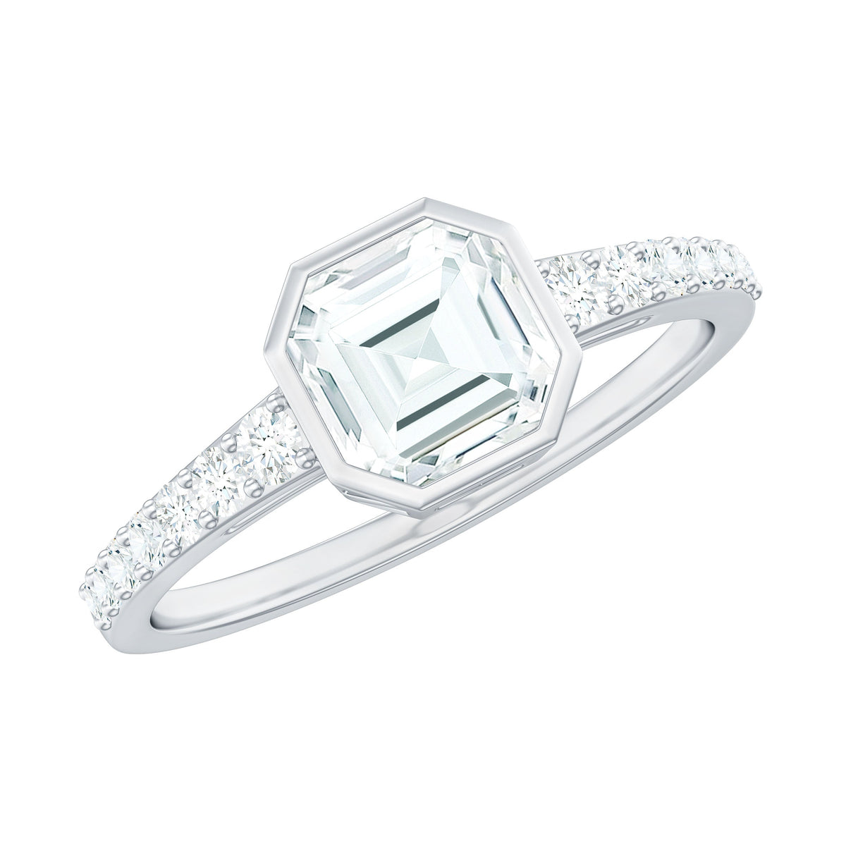 Asscher cut moissanite solitaire engagement ring in bezel setting with a sleek band, showcasing elegant jewelry craftsmanship.