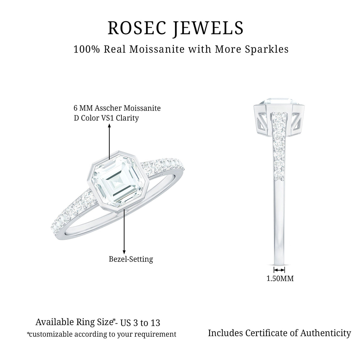 Asscher cut moissanite solitaire engagement ring in bezel setting with a sleek band, showcasing a sparkling center stone.