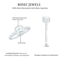 Asscher cut moissanite solitaire engagement ring in bezel setting with a sleek band, showcasing a sparkling center stone.