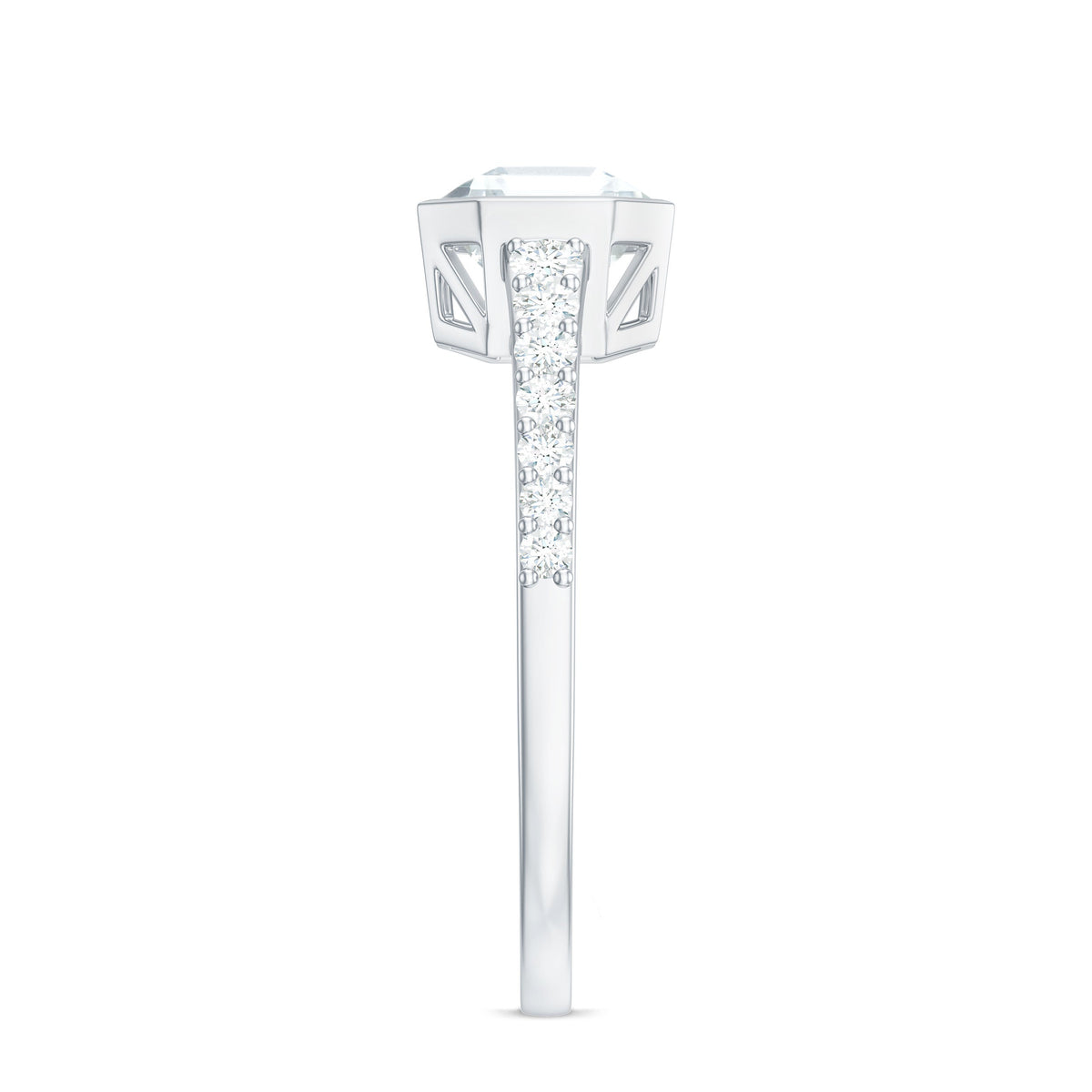 Asscher cut moissanite solitaire engagement ring in bezel setting, showcasing a sparkling center stone and sleek band.