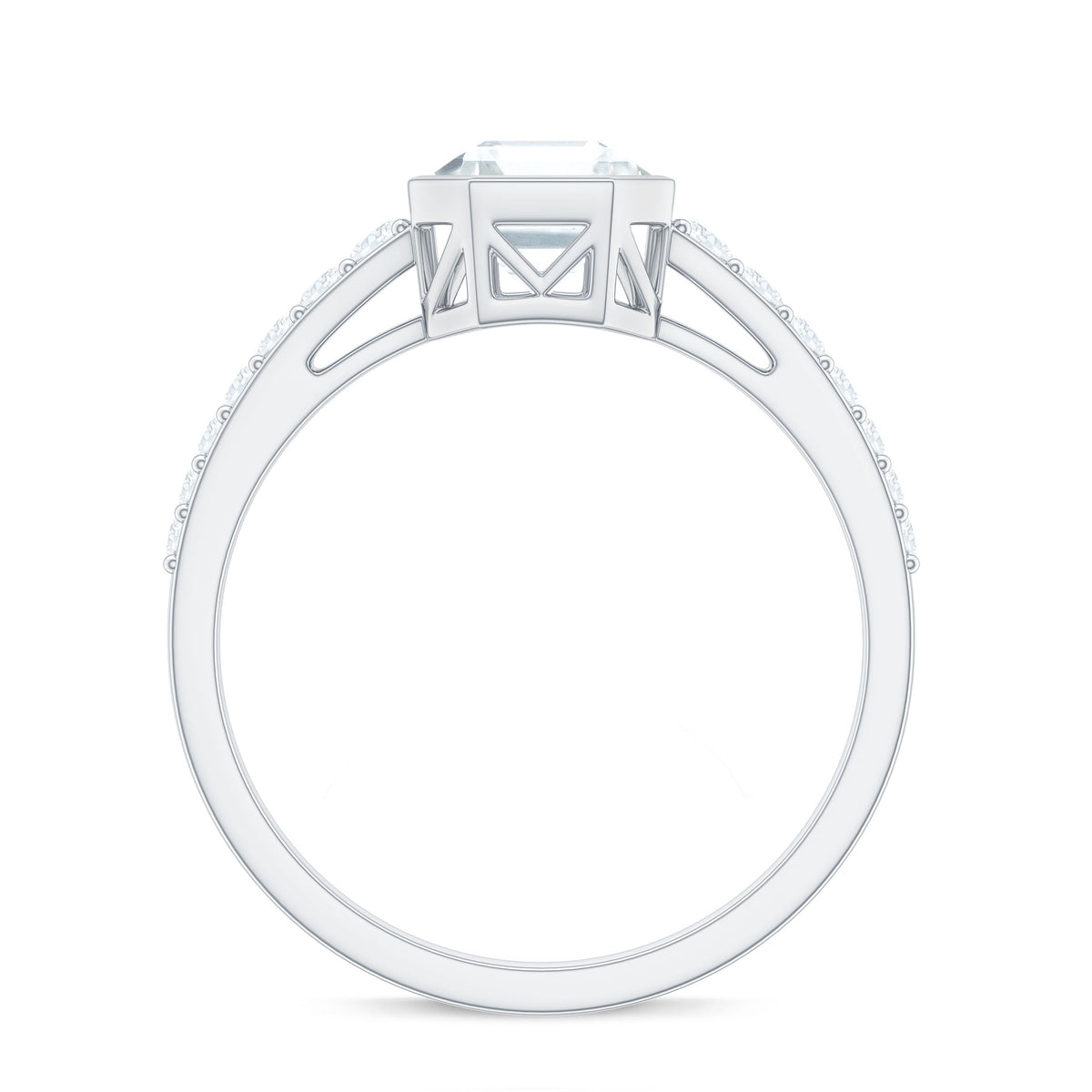 Asscher cut moissanite solitaire engagement ring in bezel setting featuring a sparkling center stone and sleek band.