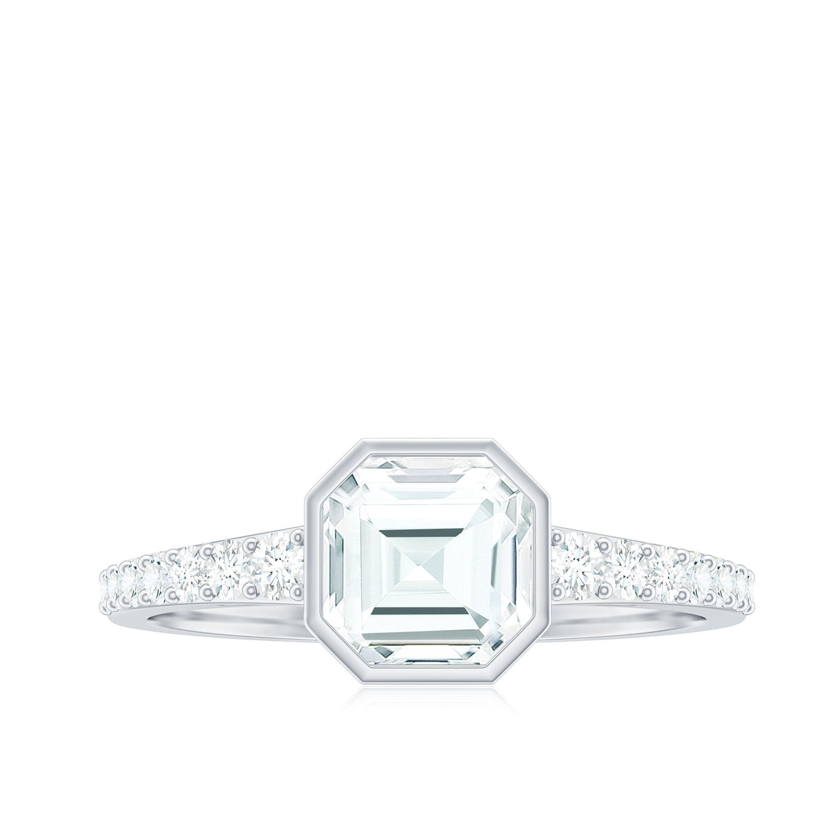 Asscher cut moissanite solitaire engagement ring in bezel setting with a silver band, showcasing elegant jewelry craftsmanship.