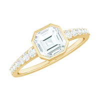 Asscher cut moissanite solitaire engagement ring in bezel setting by Rosec Jewels, featuring a prominent sparkling center stone.