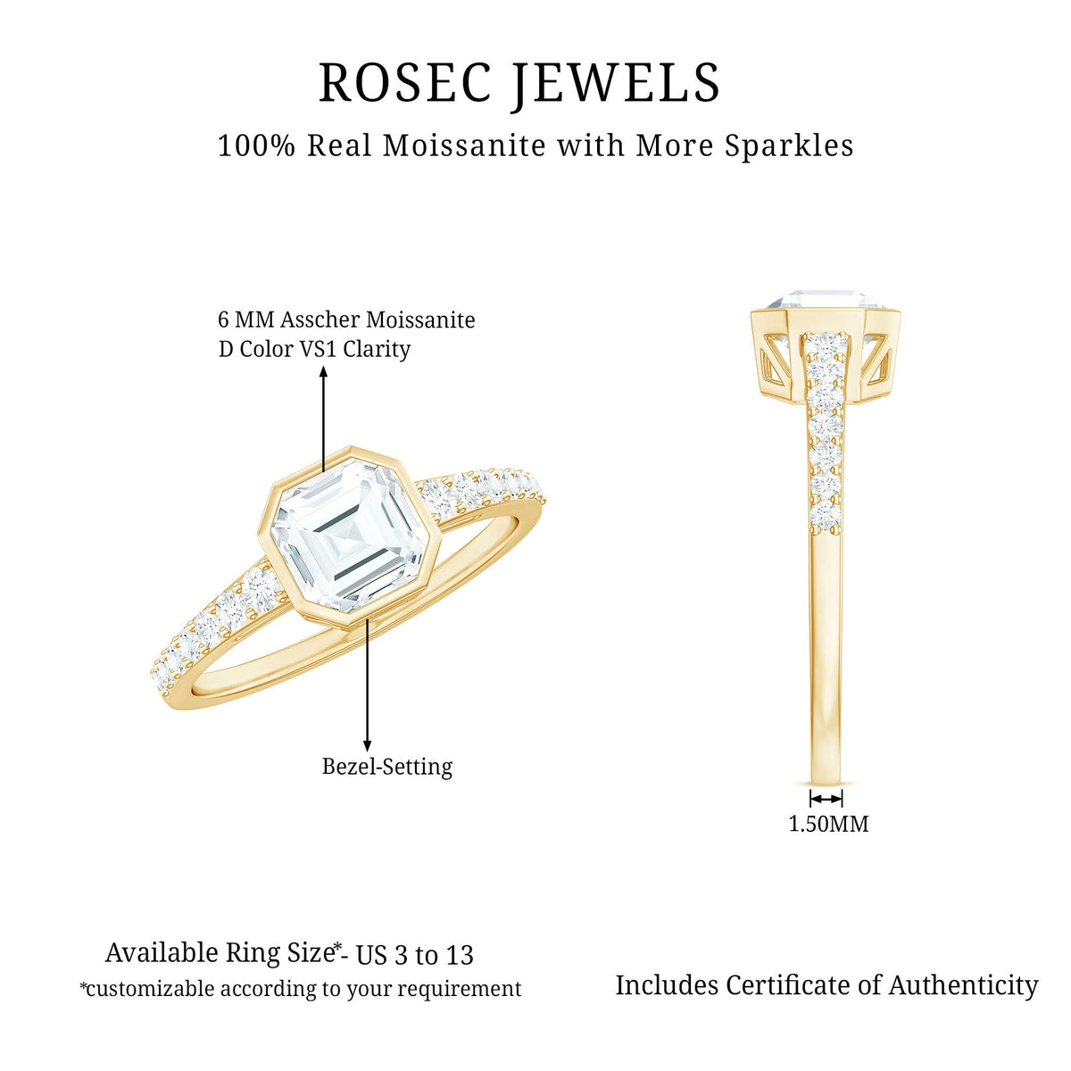 Asscher cut moissanite solitaire engagement ring in bezel setting by Rosec Jewels, showcasing a sparkling center stone on a sleek band.