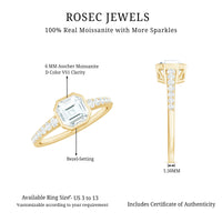 Asscher cut moissanite solitaire engagement ring in bezel setting by Rosec Jewels, showcasing a sparkling center stone on a sleek band.