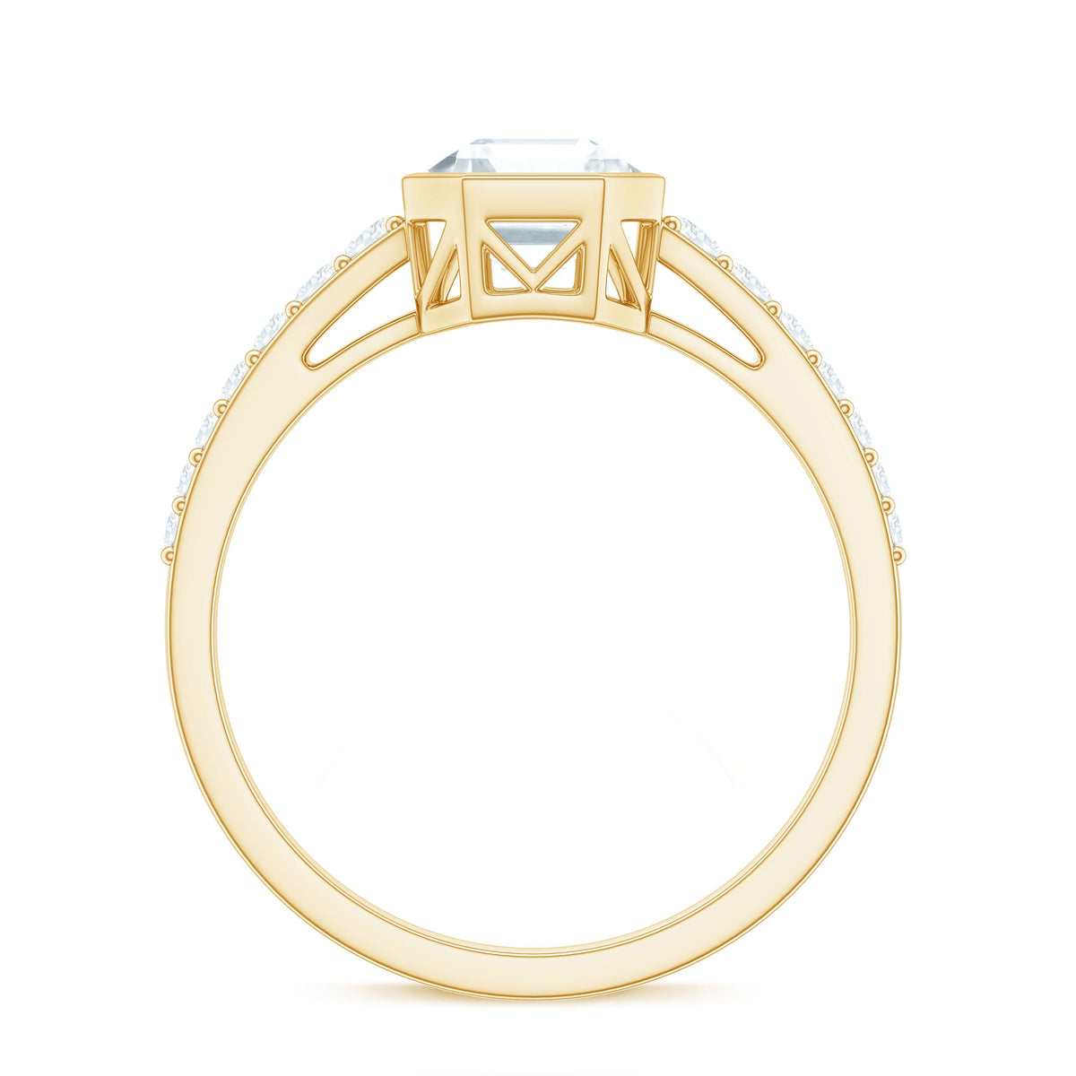 Asscher cut Moissanite solitaire engagement ring in bezel setting by Rosec Jewels, showcasing a sparkling center stone and elegant band.