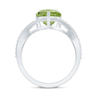 Natural 2 Carat Peridot Heart Engagement Ring with Diamond Crossover Shank