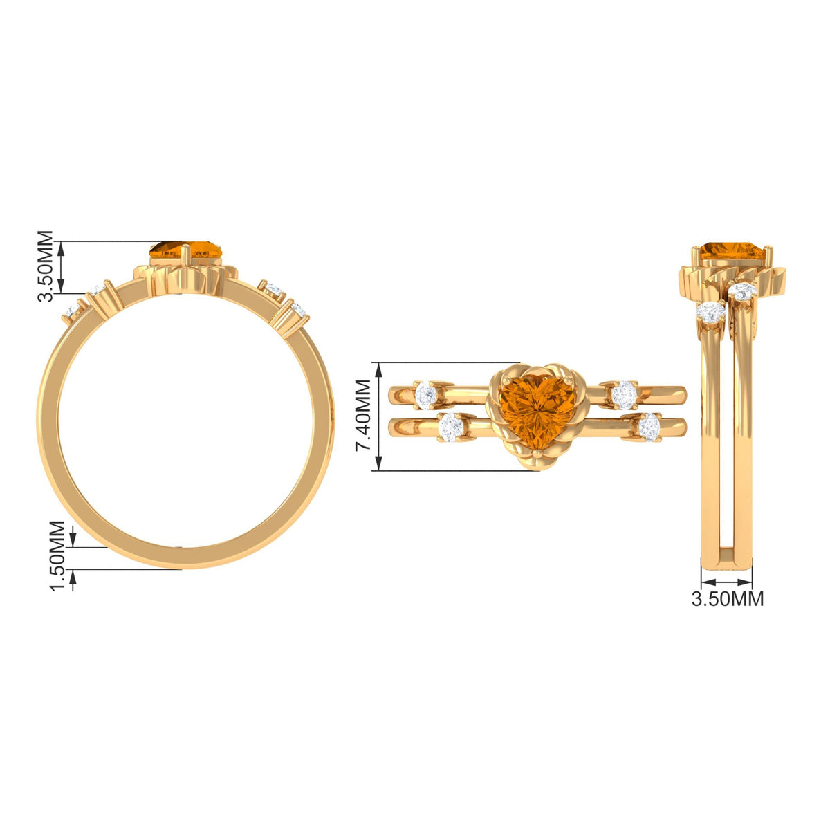 Heart Shape Citrine Solitaire Double Band Ring with Diamond