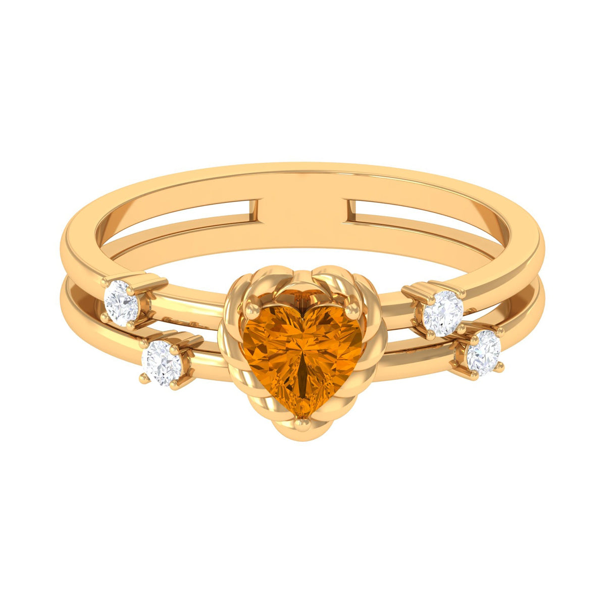 Heart Shape Citrine Solitaire Double Band Ring with Diamond