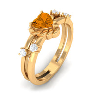 Heart Shape Citrine Solitaire Double Band Ring with Diamond