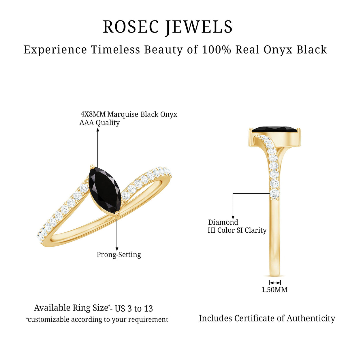 4X8mm Marquise Cut Black Onyx Promise Ring with Diamond Bypass Shank