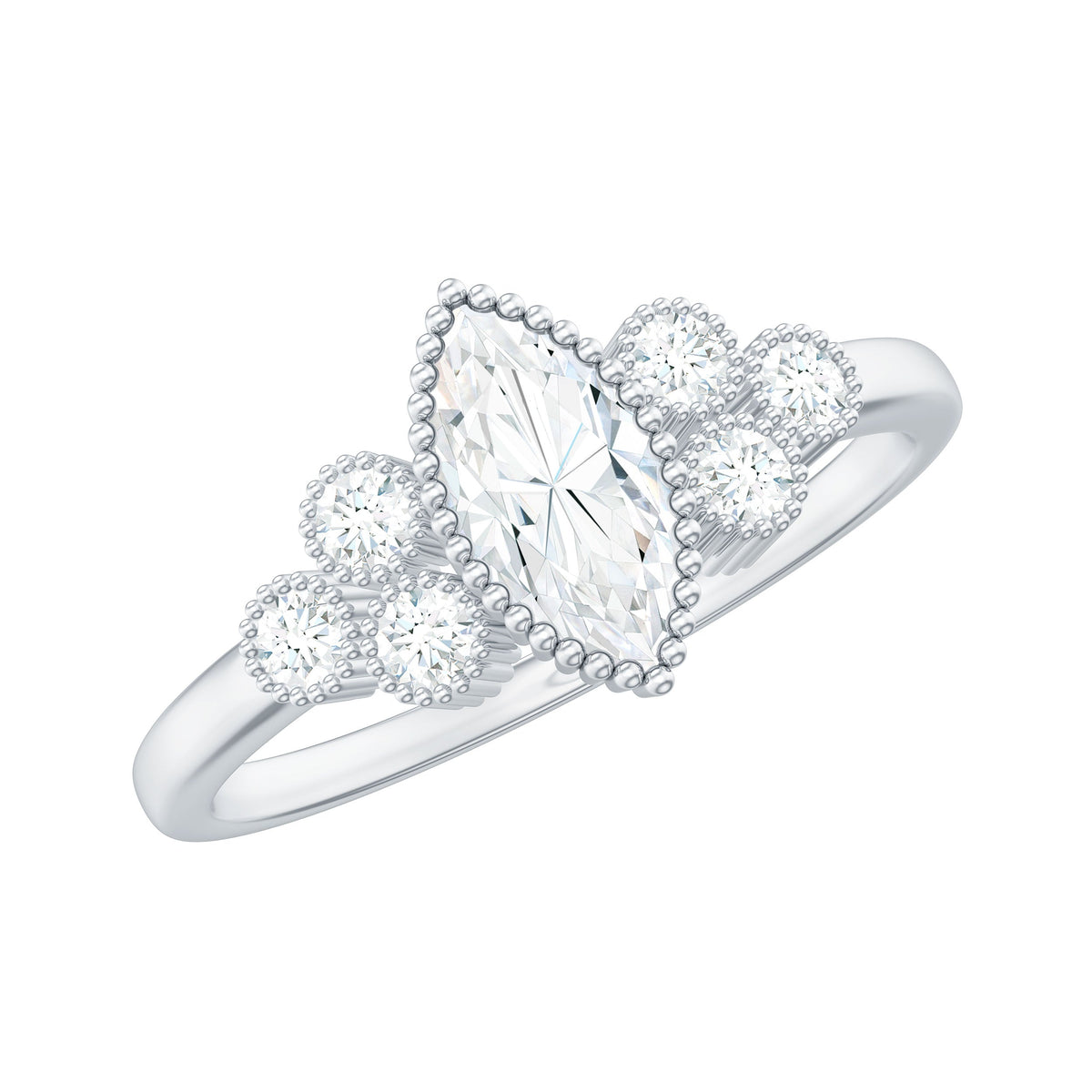 Rosec Jewels Marquise Moissanite engagement ring with three sparkling stones and intricate band detailing.
