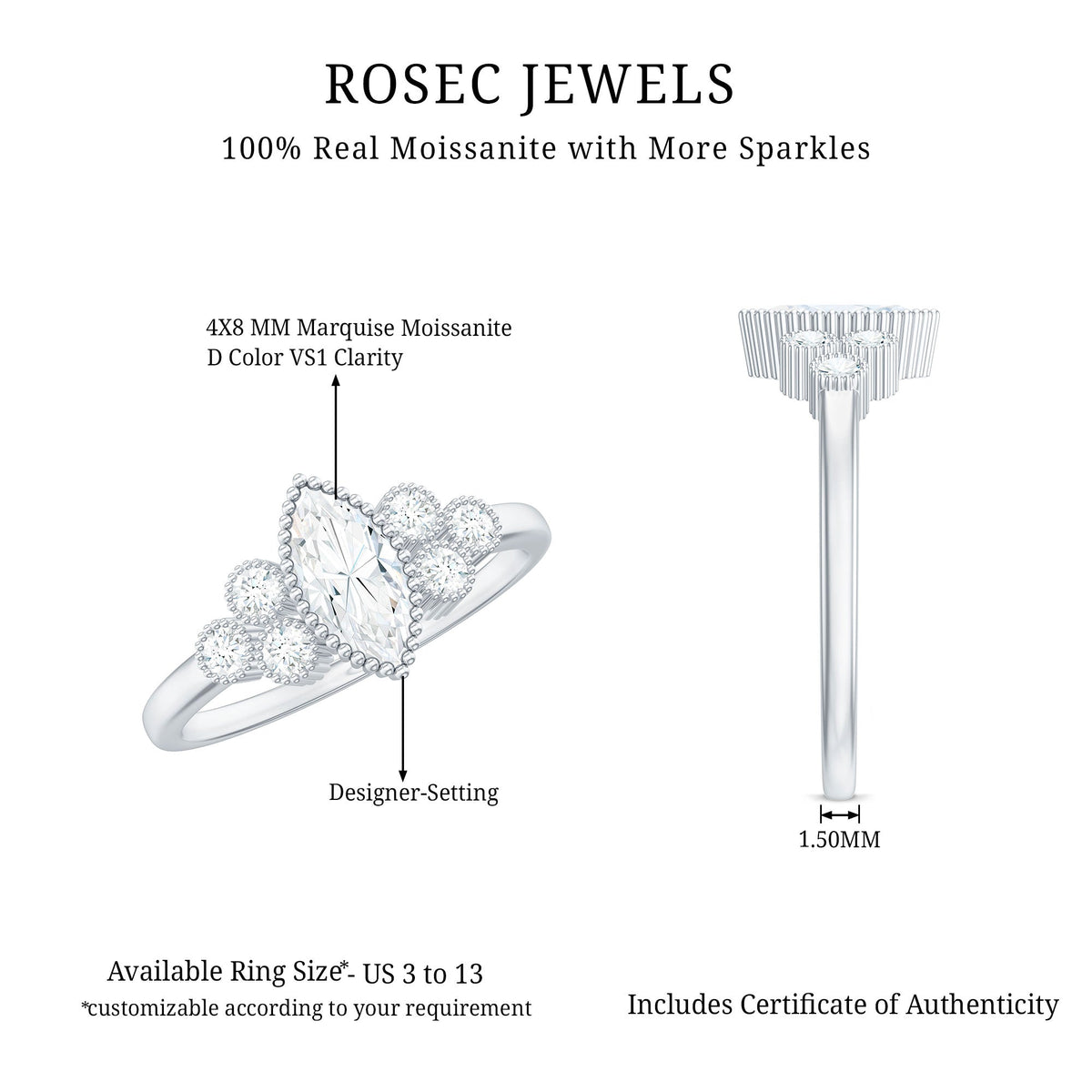 Rosec Jewels Marquise Moissanite engagement ring featuring a trio of sparkling marquise-cut moissanite stones on a silver band.