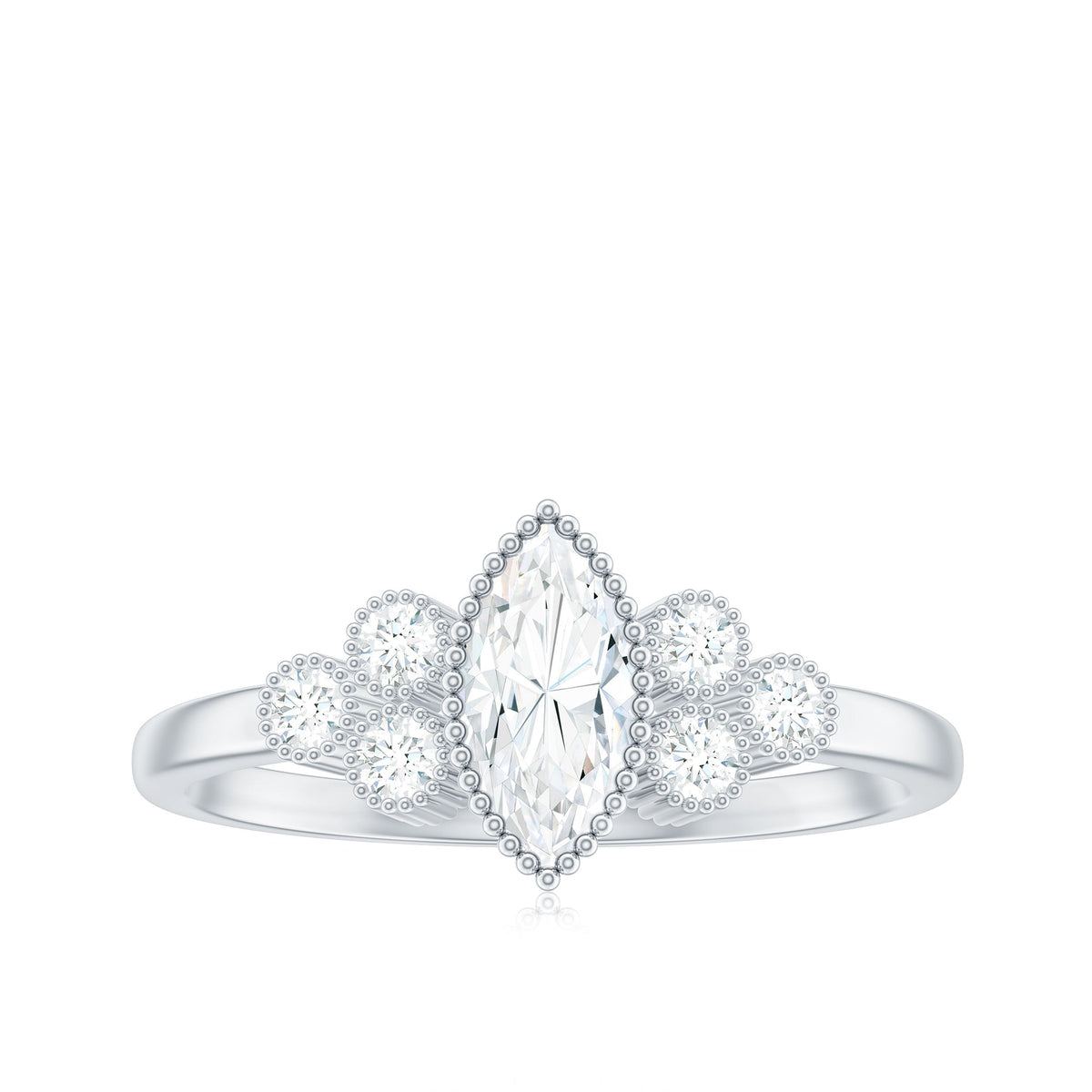 Marquise Moissanite engagement ring with trio stones from Rosec Jewels, featuring a detailed close-up of the sparkling ring design.