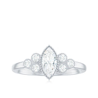 Marquise Moissanite engagement ring with trio stones from Rosec Jewels, featuring a detailed close-up of the sparkling ring design.