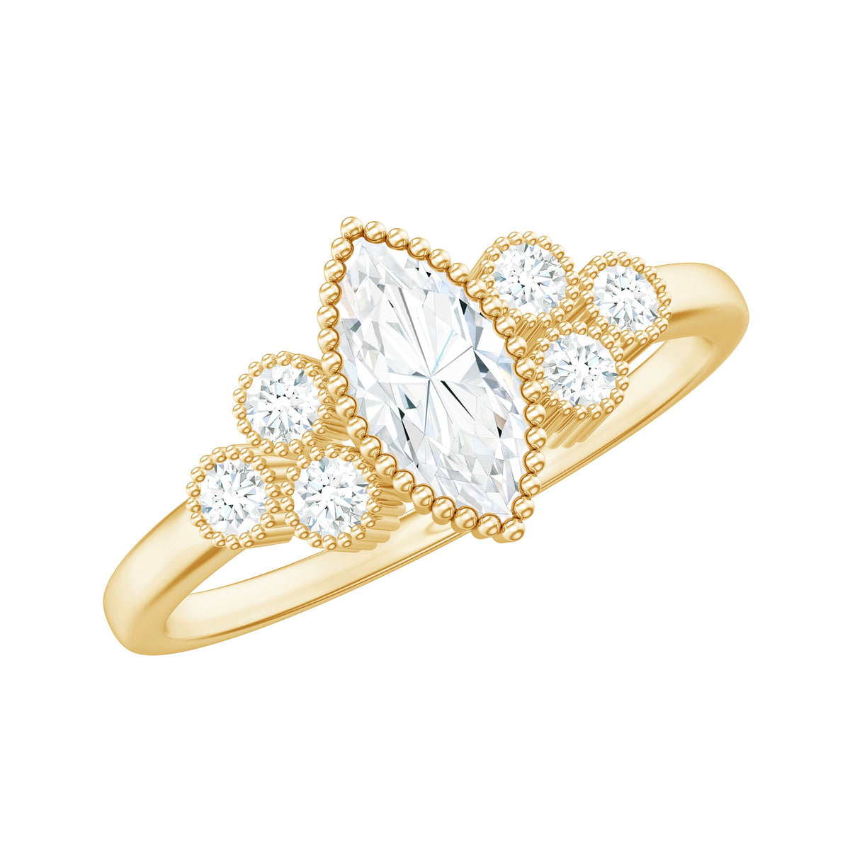 Marquise Moissanite engagement ring with trio stones from Rosec Jewels, featuring a sparkling marquise-shaped center and side stones.