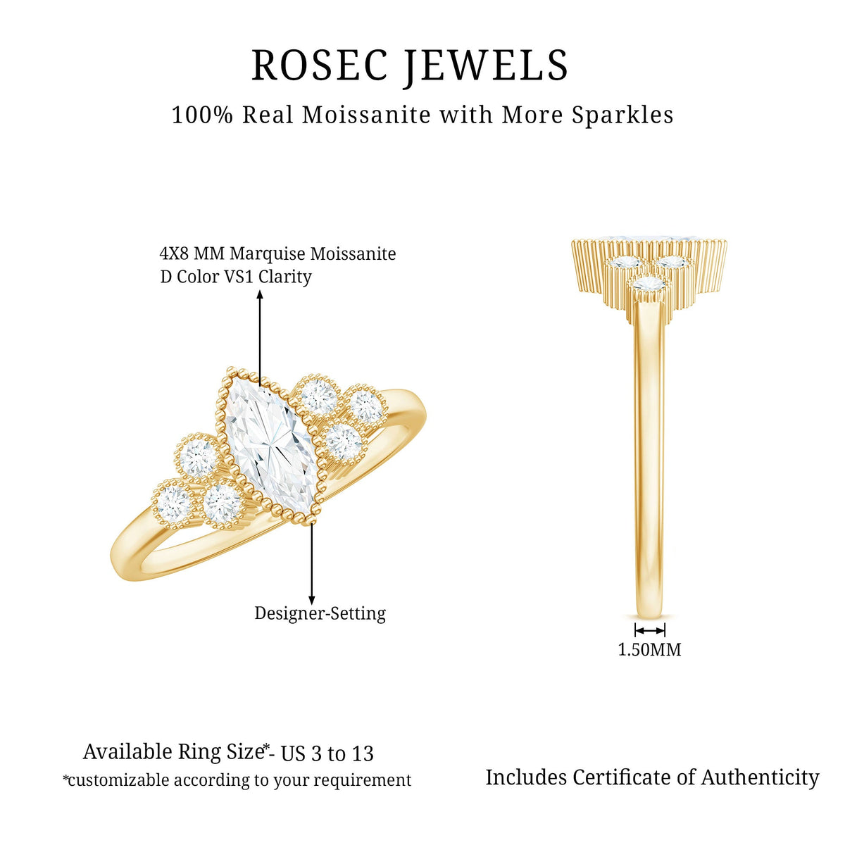 Marquise Moissanite engagement ring with trio stones by Rosec Jewels, featuring a sparkling marquise-shaped center and side stones.