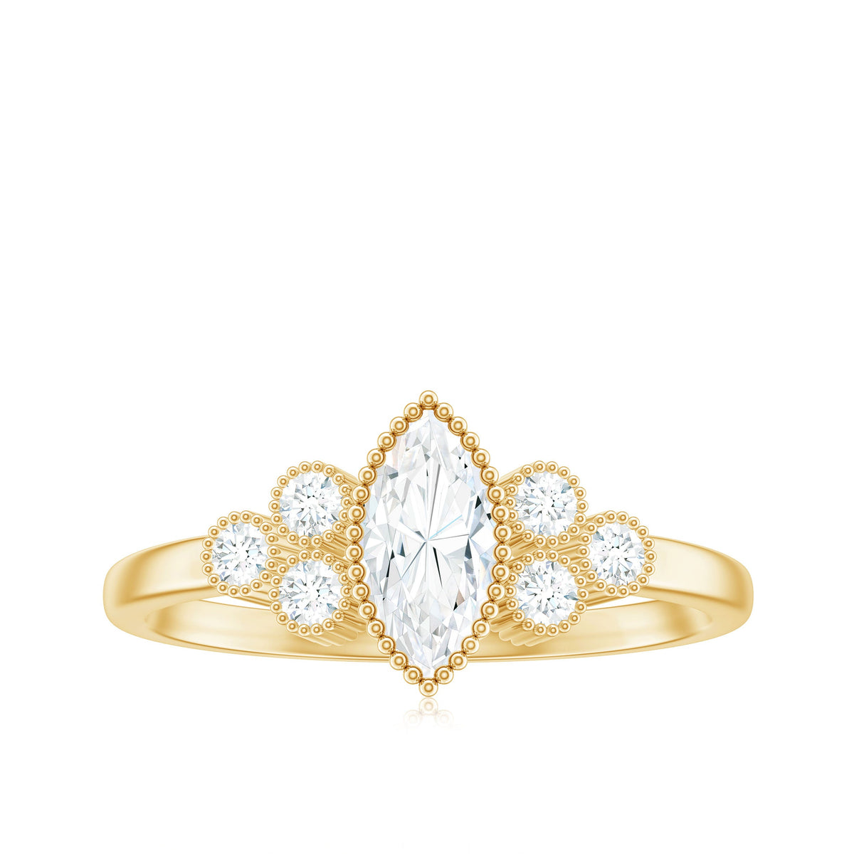 Marquise moissanite engagement ring with trio stones by Rosec Jewels, showcasing sparkling gemstone details and elegant band.