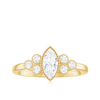 Marquise moissanite engagement ring with trio stones by Rosec Jewels, showcasing sparkling gemstone details and elegant band.