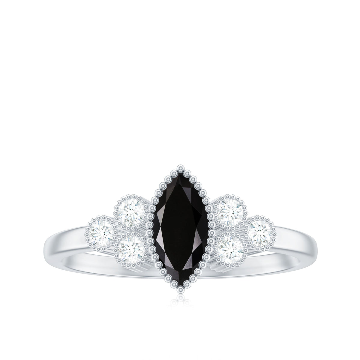 Natural Marquise Black Spinel Engagement Ring with Diamond Trio