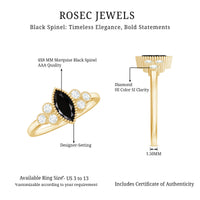 Natural Marquise Black Spinel Engagement Ring with Diamond Trio