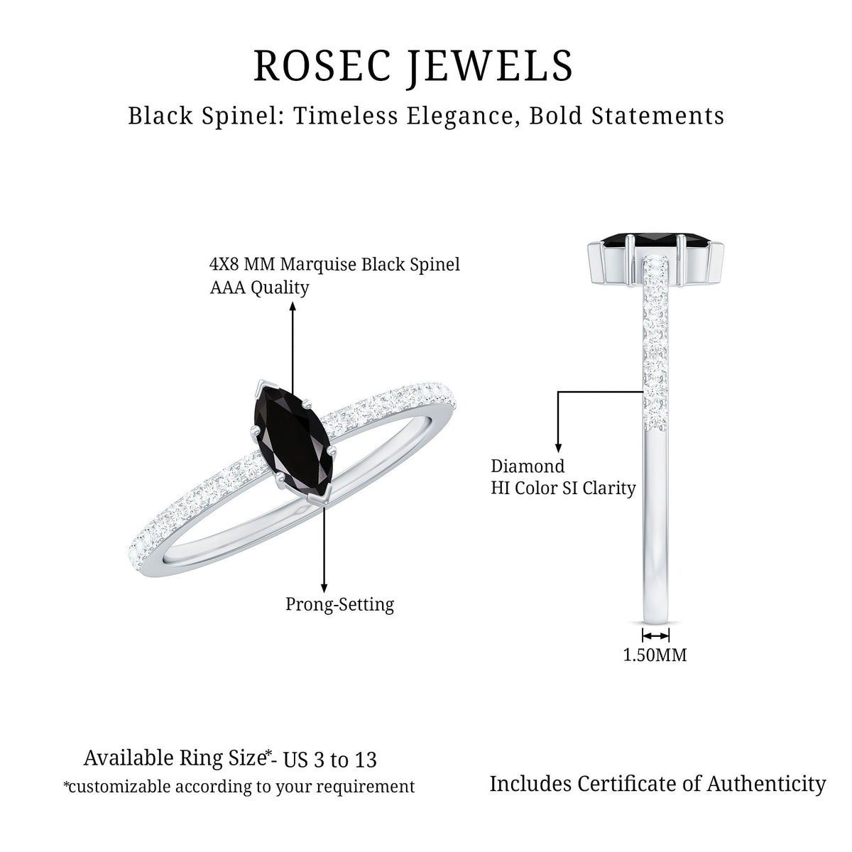 Marquise Black Spinel Diamond Promise Ring for Proposal