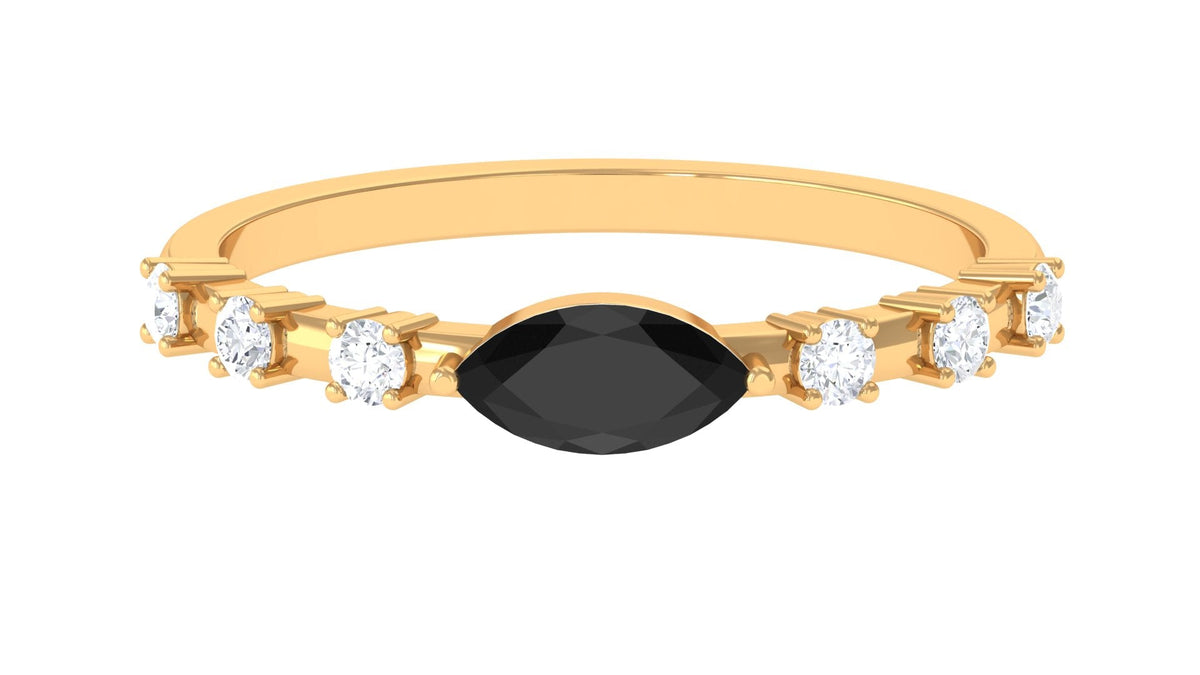 1/2 CT Marquise Cut Black Spinel East West Ring with Diamond