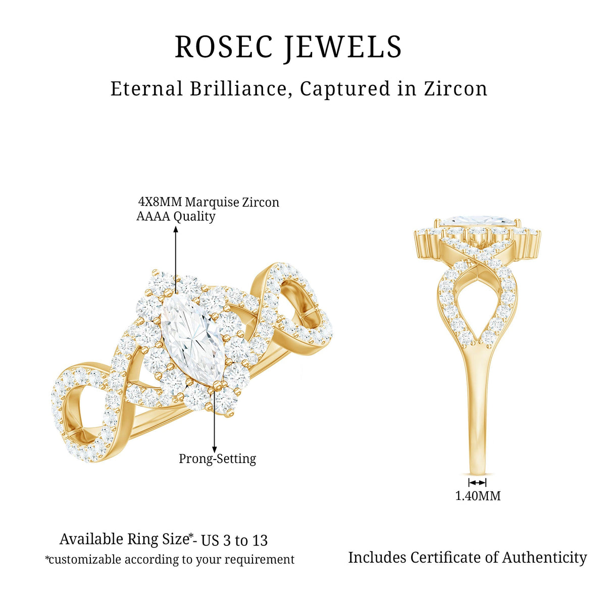 Marquise cut zircon crossover engagement ring by Rosec Jewels with 1.50 carats, silver-tone metal, and intricate band design