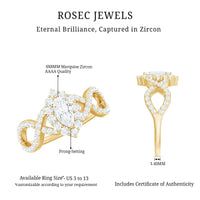 Marquise cut zircon crossover engagement ring by Rosec Jewels with 1.50 carats, silver-tone metal, and intricate band design