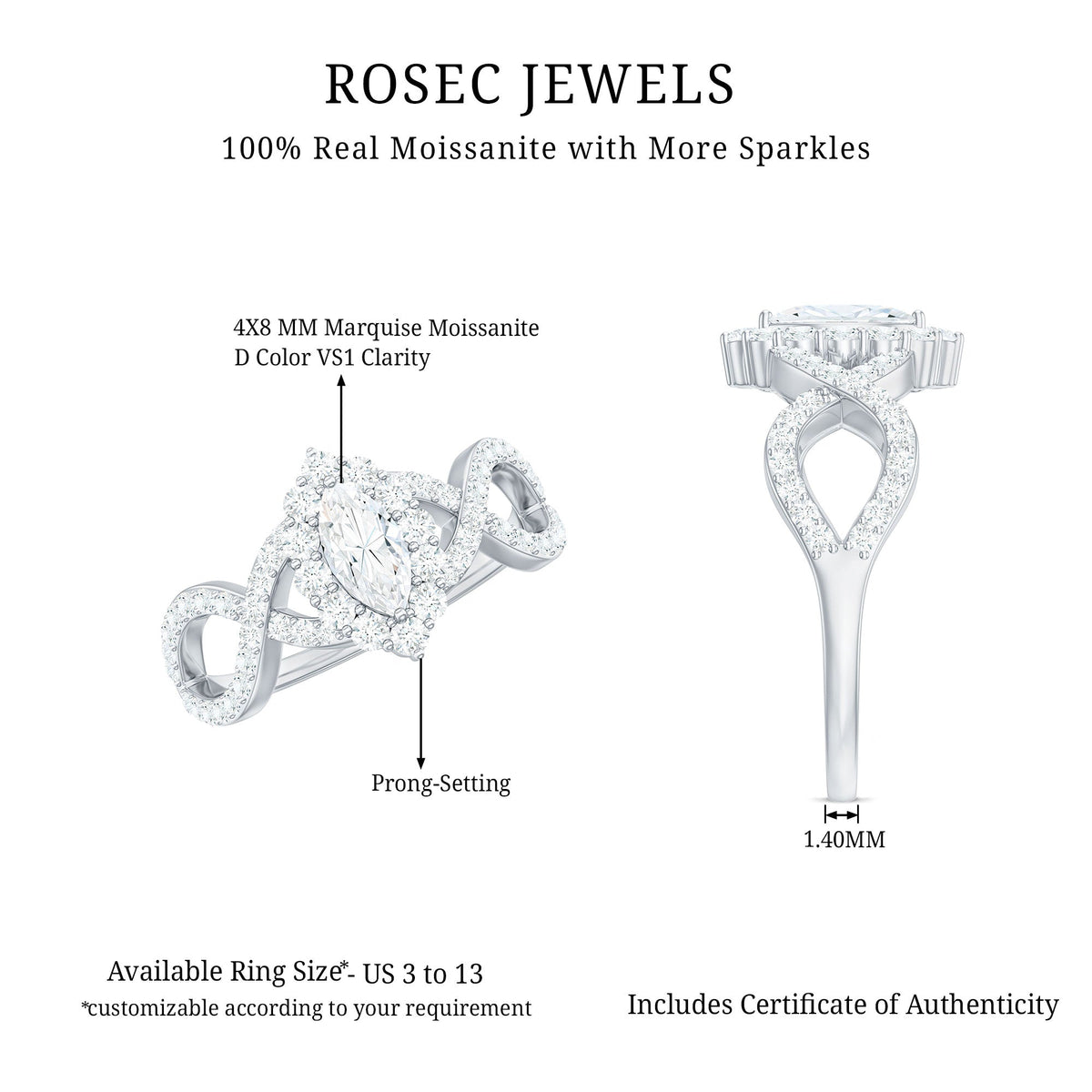 Marquise Moissanite criss-cross engagement ring with halo by Rosec Jewels, featuring sparkling stones and intricate metal design.