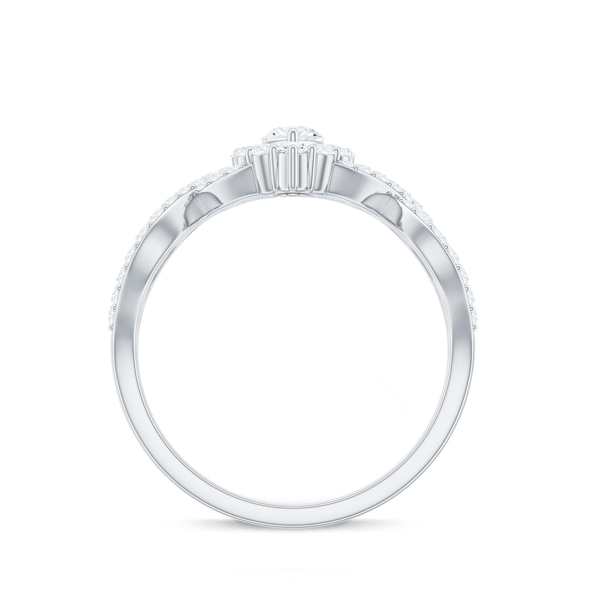 Rosec Jewels Marquise Moissanite criss cross engagement ring with halo, showcasing sparkling gemstones and intricate band design.