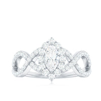 Marquise moissanite criss-cross engagement ring with halo by Rosec Jewels, featuring sparkling gemstones on silver band