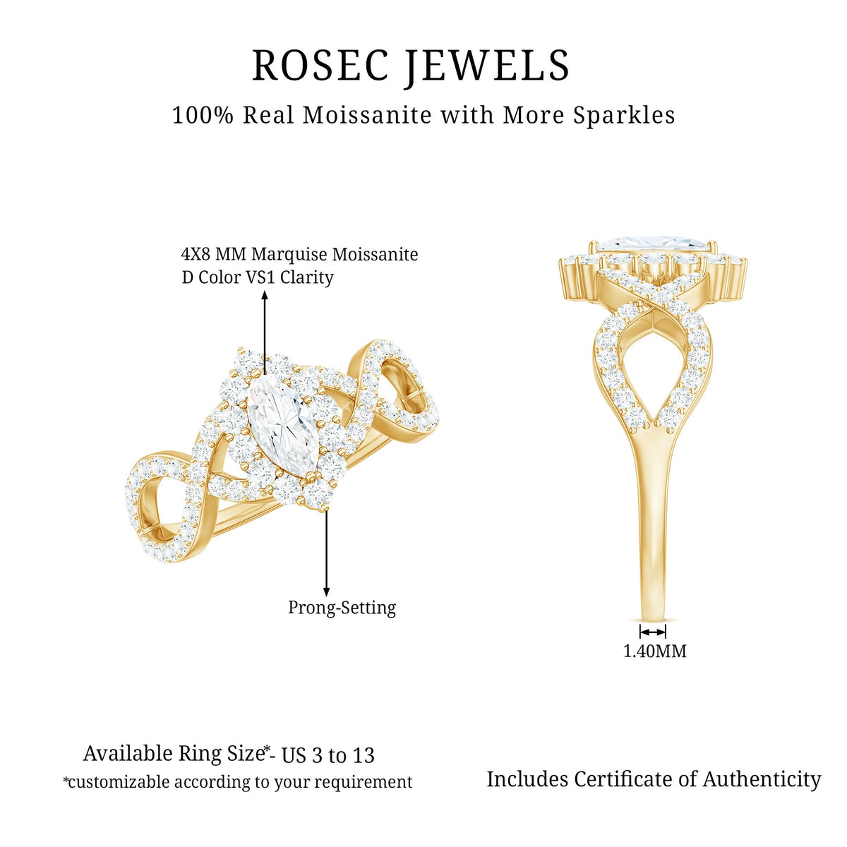 Marquise moissanite criss cross engagement ring with halo from Rosec Jewels, featuring sparkling stones and elegant design.