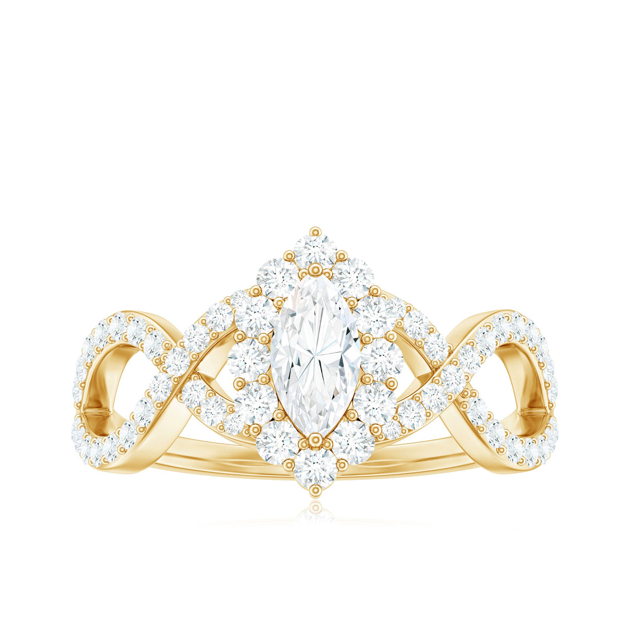 Marquise moissanite criss cross engagement ring with halo, showcasing sparkling stones and intricate band design from Rosec Jewels.