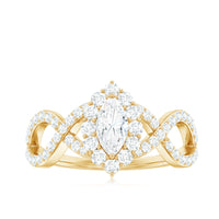 Marquise moissanite criss cross engagement ring with halo, showcasing sparkling stones and intricate band design from Rosec Jewels.