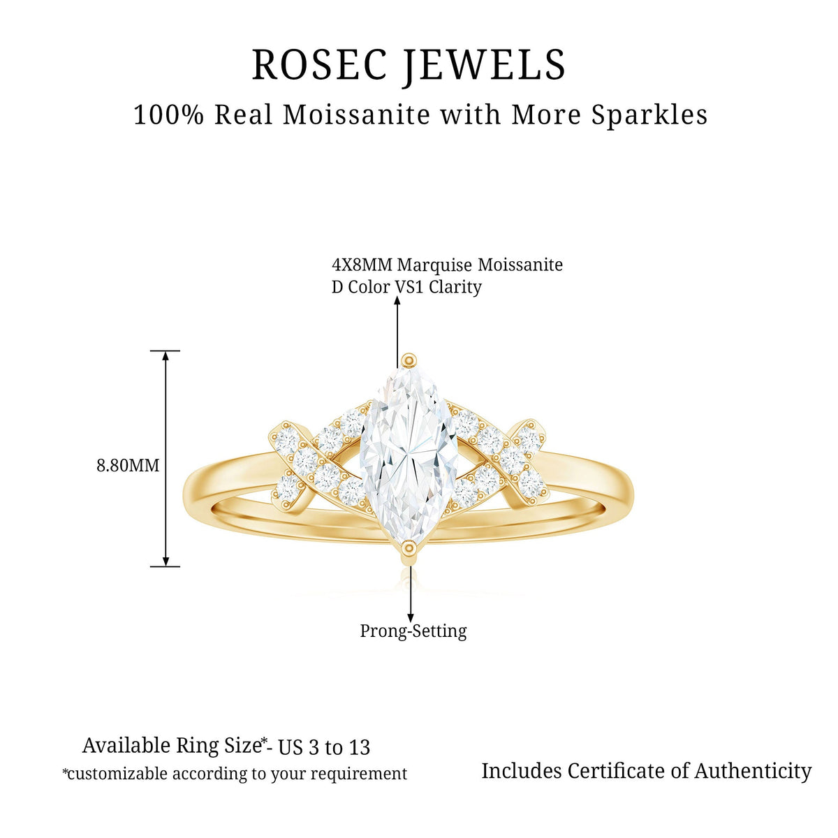 Certified Moissanite Marquise Engagement Ring for Women featuring a sparkling marquise-cut moissanite stone set in a elegant ring design.