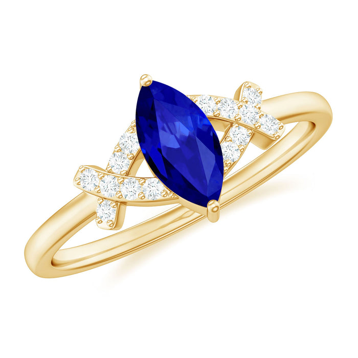 Certified 0.75 carat lab-grown blue sapphire marquise engagement ring with diamond accents by Rosec Jewels.