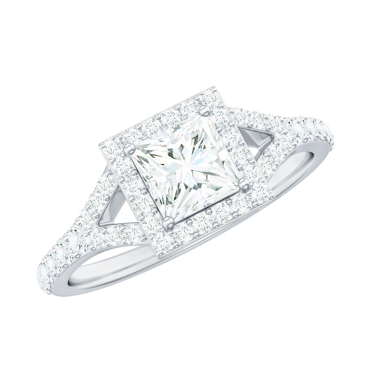 Princess cut moissanite halo engagement ring with split band, featuring sparkling center stone and intricate design from Rosec Jewels.