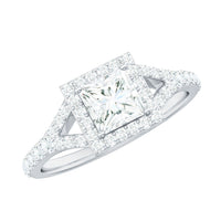 Princess cut moissanite halo engagement ring with split band, featuring sparkling center stone and intricate design from Rosec Jewels.