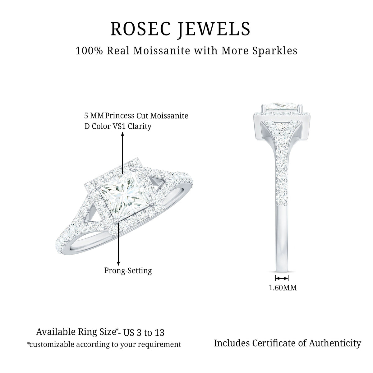Princess cut moissanite halo engagement ring with split band, featuring sparkling stones and intricate design by Rosec Jewels.
