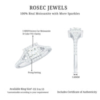 Princess cut moissanite halo engagement ring with split band, featuring sparkling stones and intricate design by Rosec Jewels.