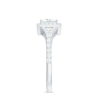 Princess cut moissanite halo engagement ring with split band from Rosec Jewels, showcasing sparkling center stone and intricate band design.