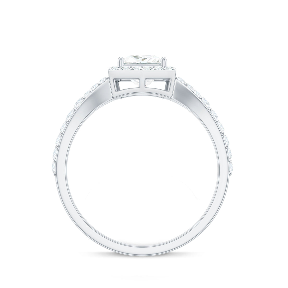 Princess cut moissanite halo engagement ring with split band, featuring intricate detailing and sparkling center stone design.